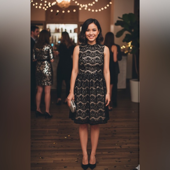 Party Dress!Black Over Nude Lace Dress - Picture 1 of 7